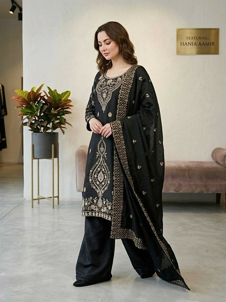 Teeya Creation Black Color Gimmychu Silk Embroidery Work Wedding Wear Salwar Suit | Grocsy
