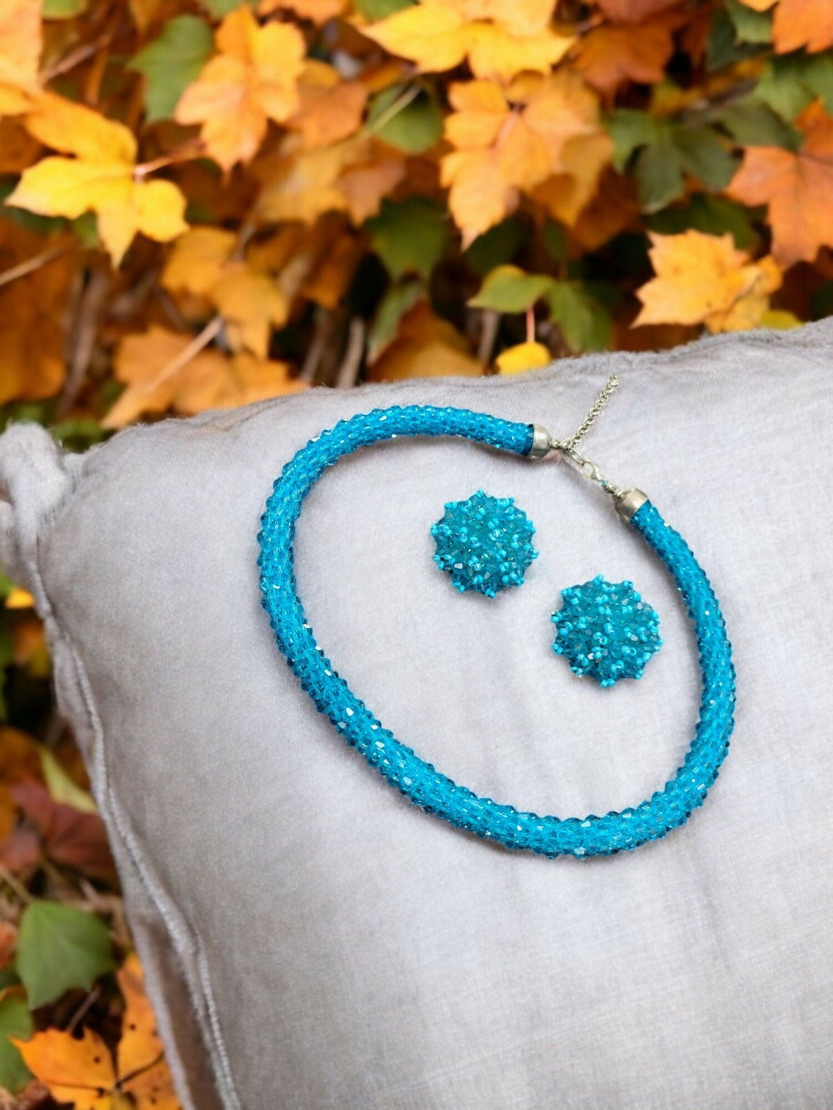 Inhanns Noor-E-Jalwa – Handmade Crystal Bead Necklace / Necklace With Earrings -Adjustable - Sky Blue | Grocsy