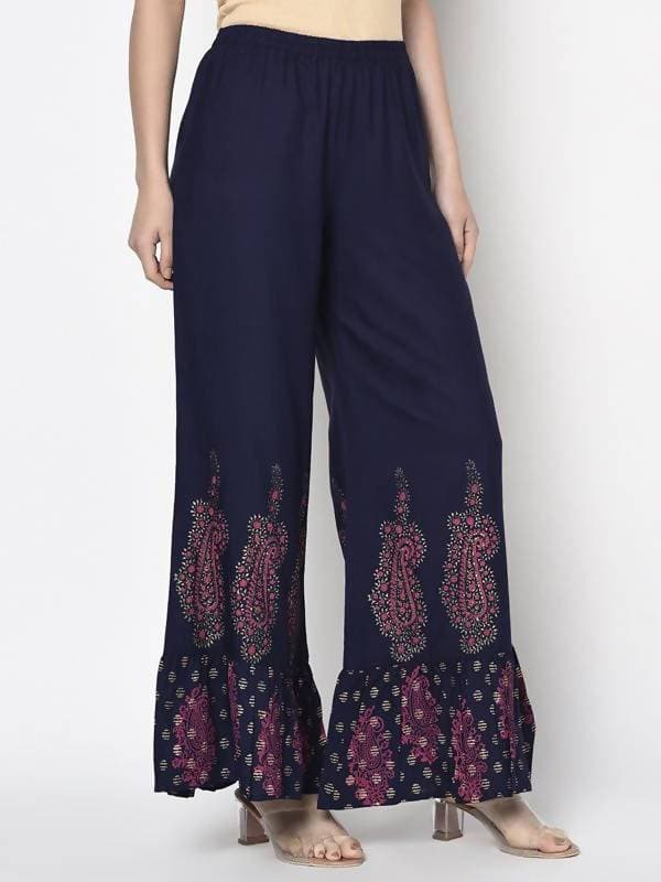 Aniyah Rayon Navy Blue Color Block Print Flared Slip-On Palazzo (AN-216K) | Grocsy
