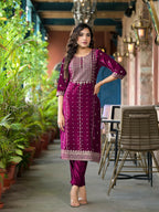 Juniper Women's Wine Ethnic Motif Printed Velvet Kurta Set With Lace | Grocsy
