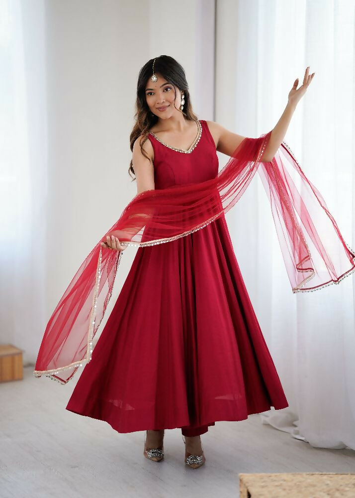 Joban Fashion Maroon Kurta Set Chanderi Sequence Embroidery Work | Grocsy