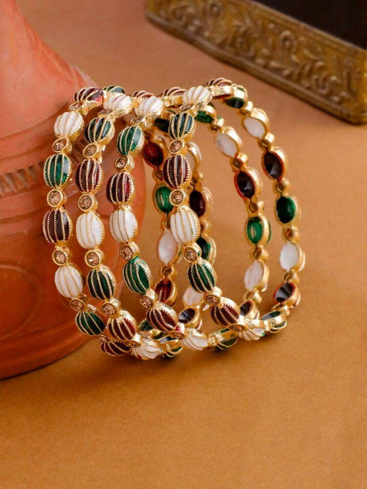NVR Women Set of 4 Gold-Polished Artificial Stones Multicolor Bangles