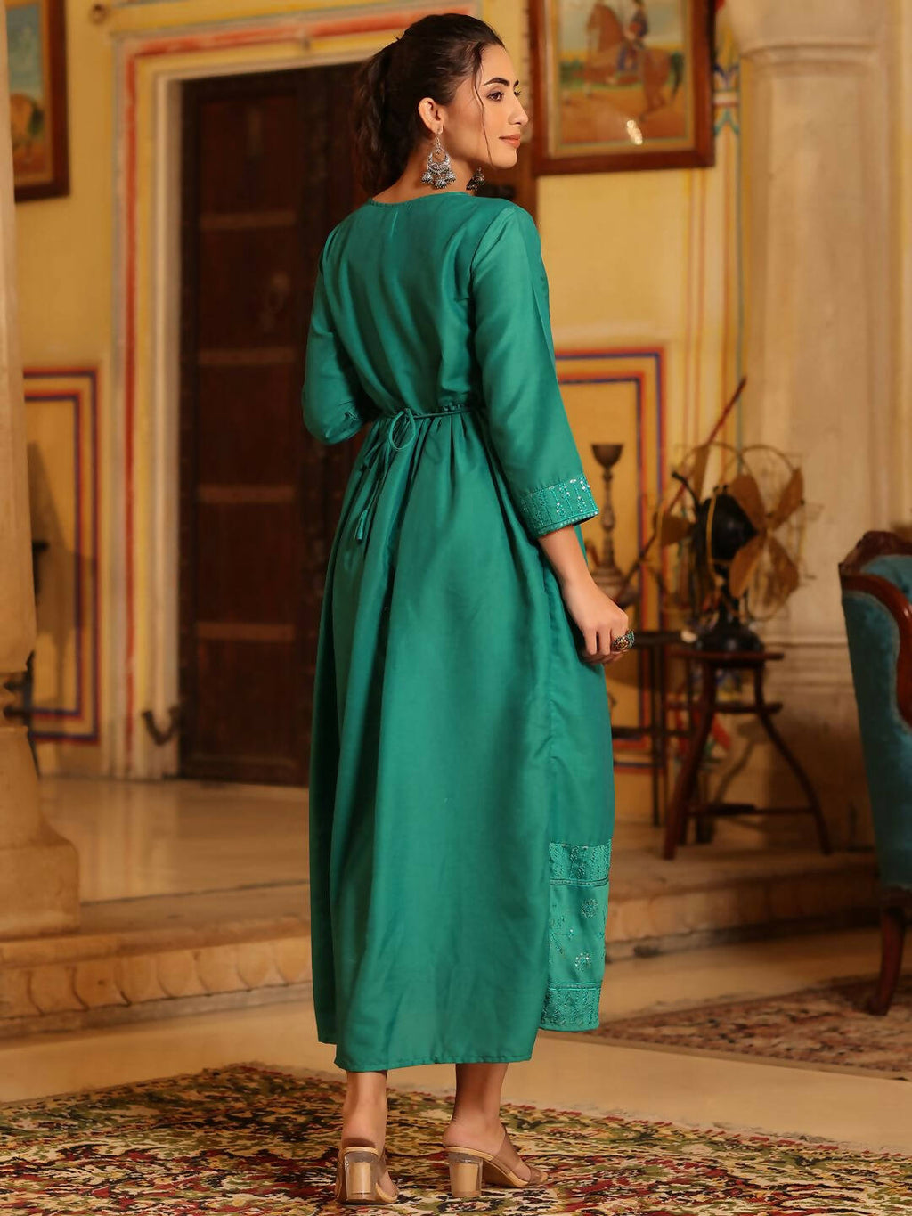 Juniper Women's Teal Festive Embroiderd Flared Dress | Grocsy