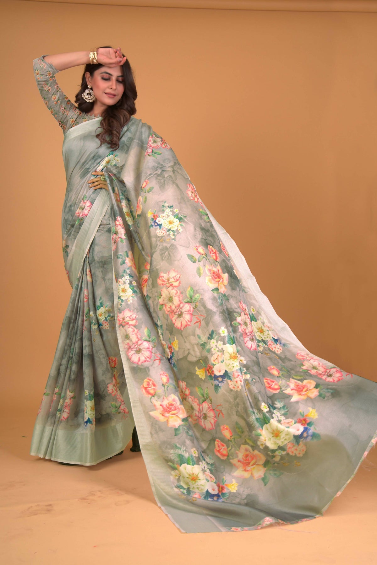Green Cotton Silk Floral Printed Saree With Unstitched Blouse Piece - Akshita | Grocsy