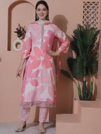 Jyoti Fashion Women's Pink Cotton Floral Digital Print & Floral Embroidered Cutwork Border Sequins Work Kurta with Trouser & Dupatta | Grocsy
