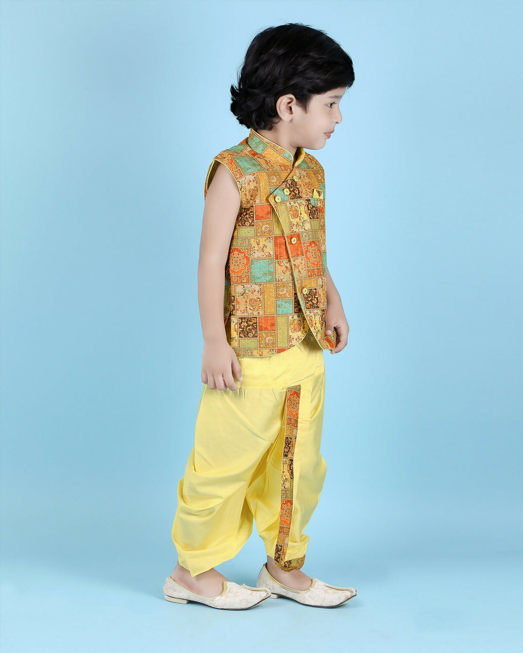 Joban Fashion Kids Island Cotton Sleeveless printed Kurta and Solid Dhoti - Yellow | Grocsy