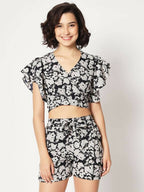 Black Crepe Floral Printed Top with Matching Shorts Set - Shivani | Grocsy