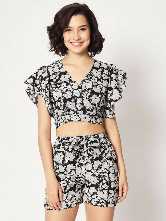 Black Crepe Floral Printed Top with Matching Shorts Set - Shivani | Grocsy