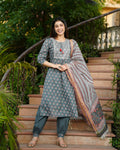 Juniper Women's Grey Cotton Printed Straight Kurta Pant Dupatta Set | Grocsy