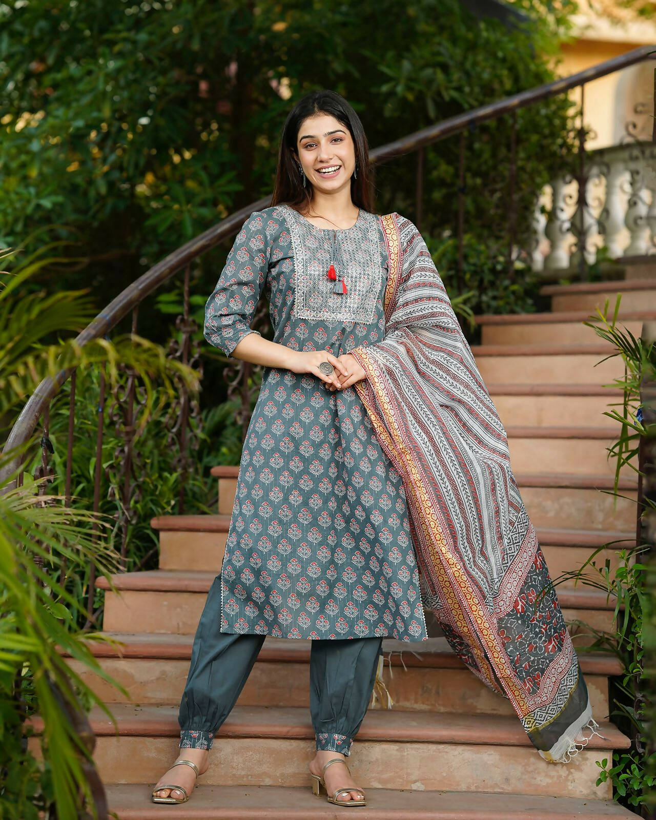 Juniper Women's Grey Cotton Printed Straight Kurta Pant Dupatta Set | Grocsy