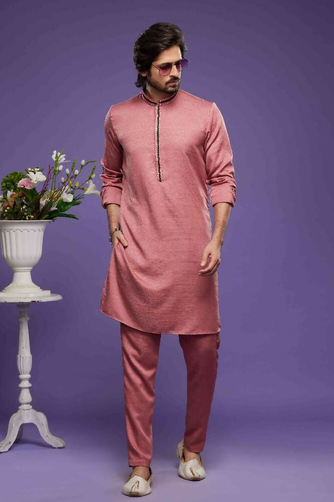 Raivat Ethnic Art Banarasi Silk Thread Work Kurta Pajama In Pink Colour | Grocsy
