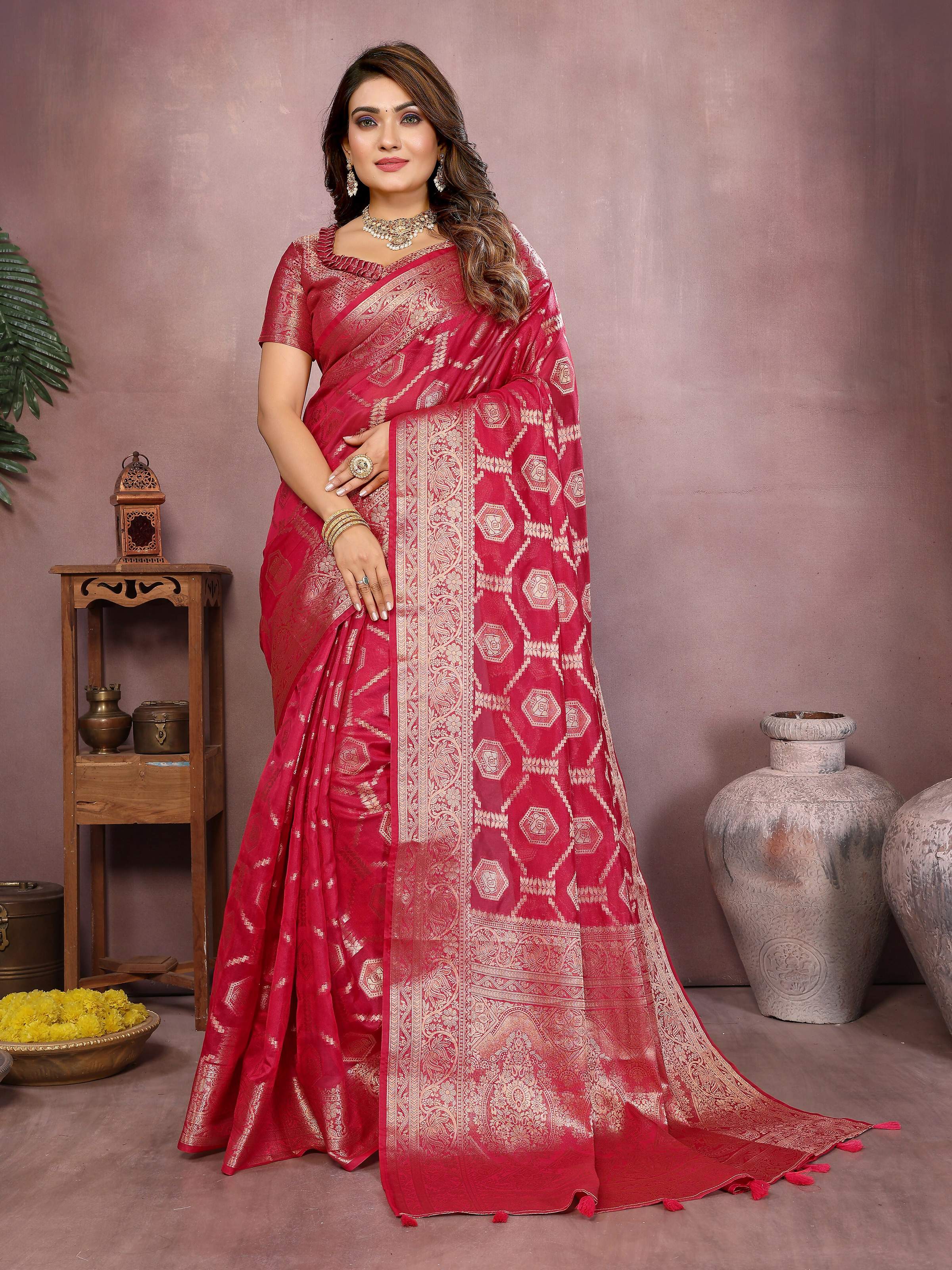 Aastha Fashion Magenta Soft Organza Silk Weaving Saree | Grocsy
