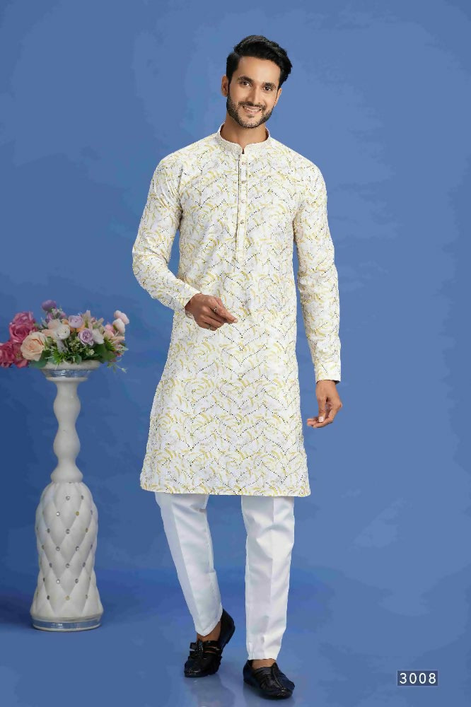 Raivat Ethnic Cotton Embroidery Kurta Pajama In Yellow Colour | Grocsy