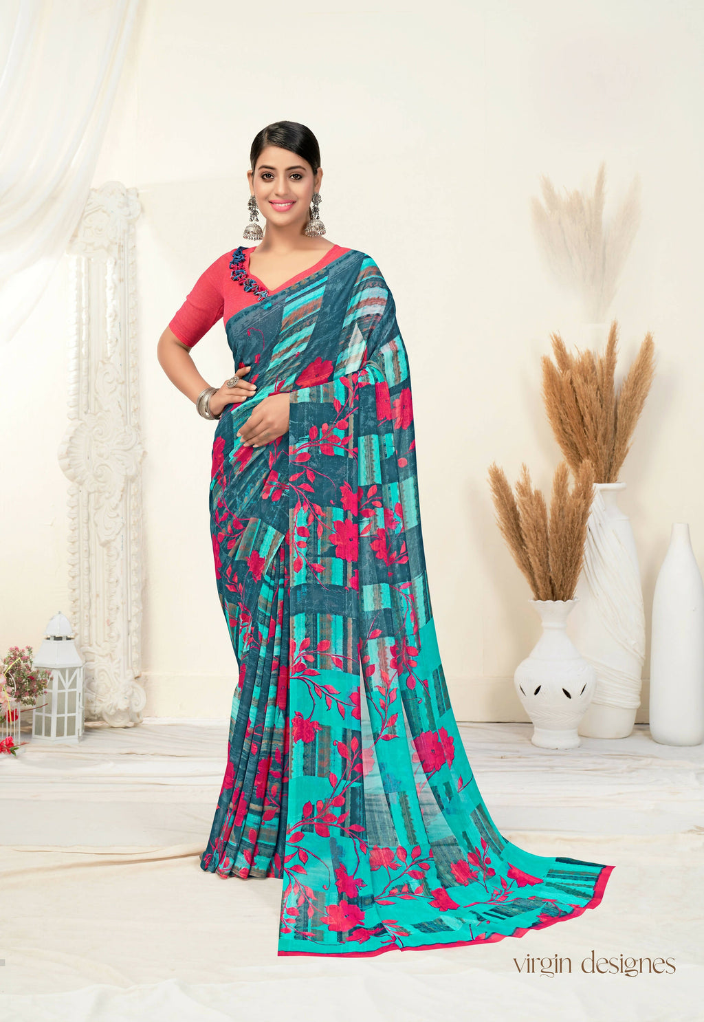Teal Georgette Floral Printed Saree With Unstitched Blouse Piece - Jyoti | Grocsy