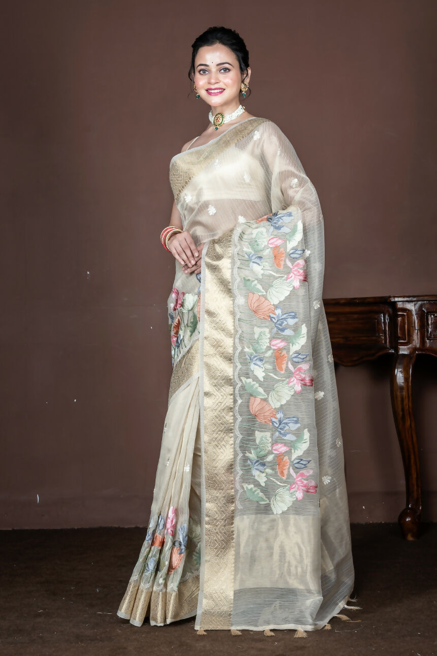 Morchari Beige Banarasi Tissue Computer Embroidery Saree Unstitched Blouse | Grocsy