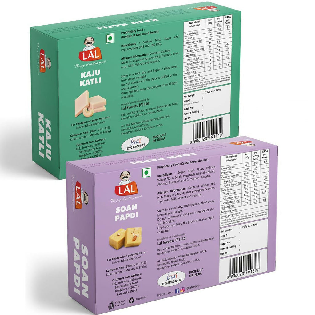 Lal Sweets Combo Pack - Kaju Katli 400 g & Soan Papdi Premium 400g| Desi Cow Ghee Indian Sweet Box Combo | Grocsy