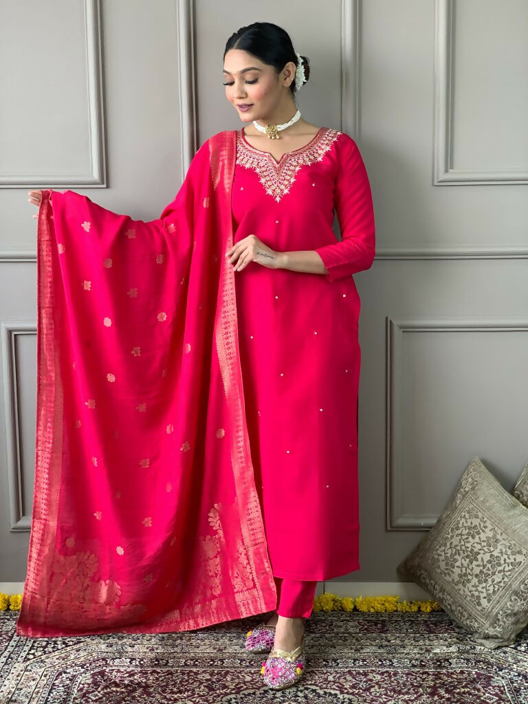 Partywear Designer Viscos Chanderi Red Stitched Suit With Dupatta - Tanisha | Grocsy