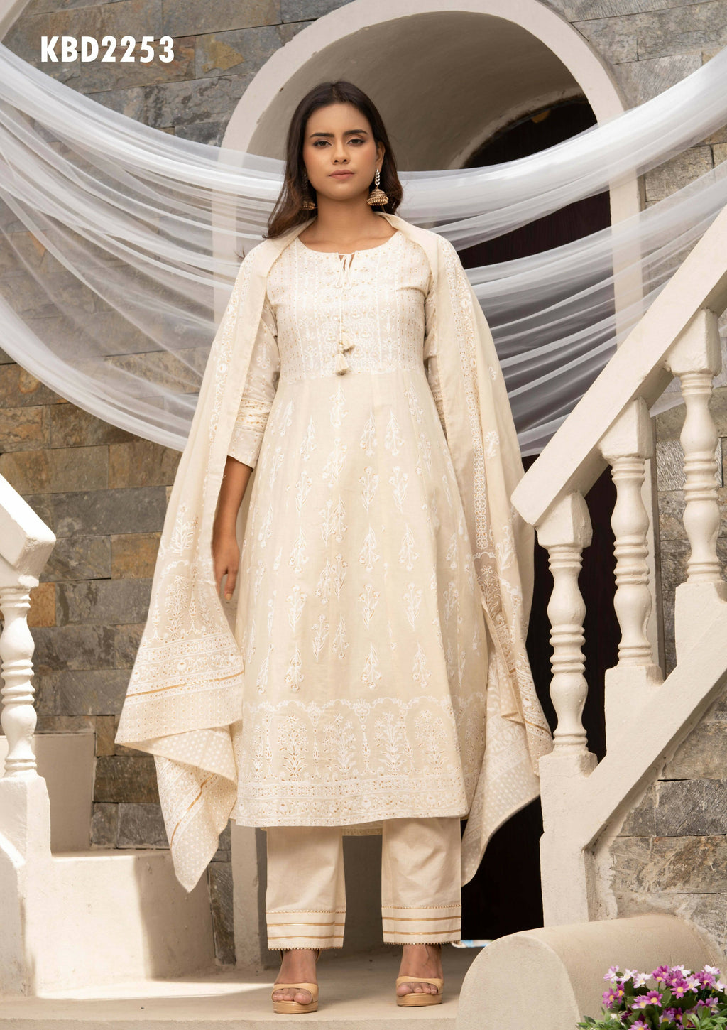 Off White Cotton Cambric Printed with Sequins work Anarkali Kurta with Pant & Dupatta - Akashara | Grocsy
