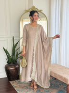 The52 CreamWomen's Gorgeous Vichitra Silk Fabric Embroidered Work Flared Anarkali Pant and Dupatta Set | Grocsy