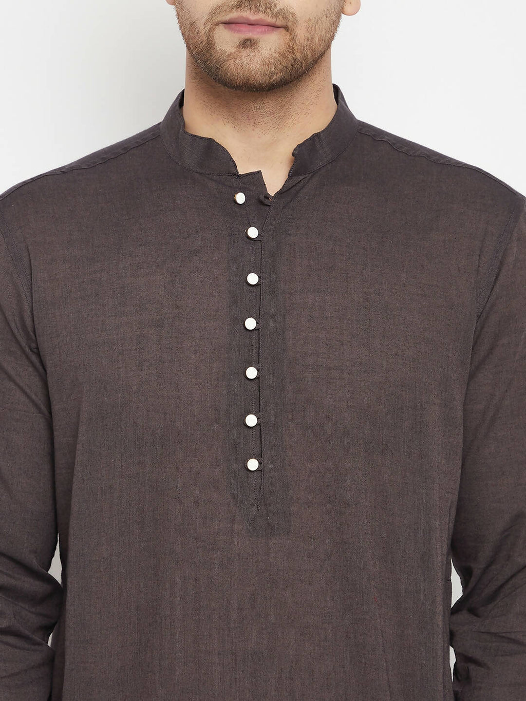 Even Apparels Brown Pure Cotton Long Men's Kurta With Band Collar | Grocsy