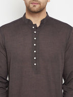Even Apparels Brown Pure Cotton Long Men's Kurta With Band Collar | Grocsy