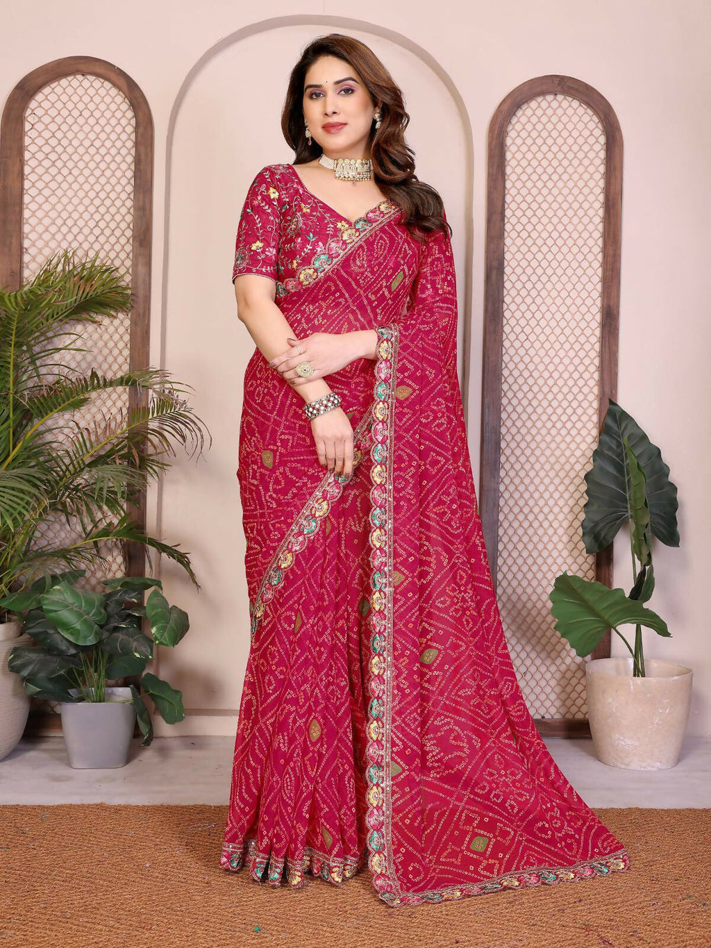 Teeya Creation Womens Trendy Simply Bandhej Georgette Saree-Red | Grocsy