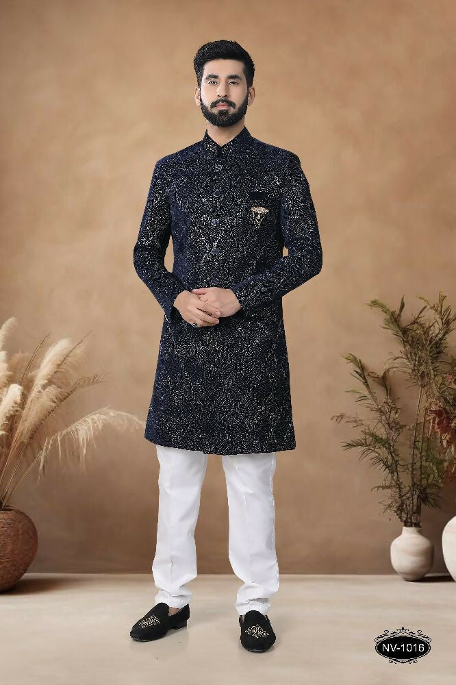 Joban Fashion Men's Blue Straight Velvet Thread & Sequence Embroidery All Over Indo-Western Kurta Set | Grocsy