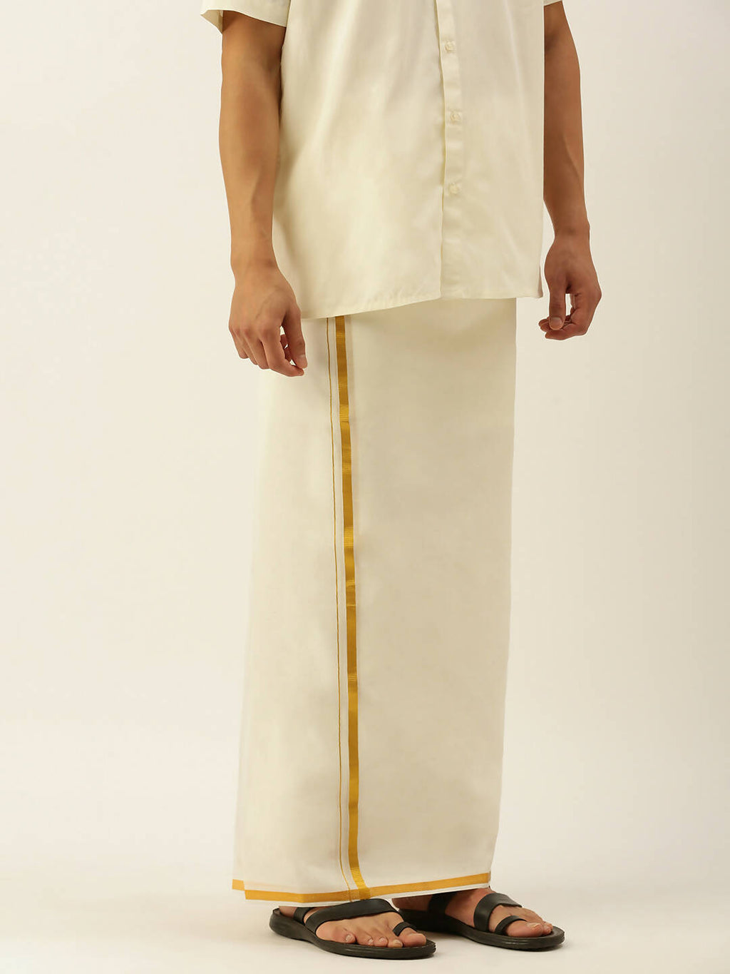 Ramraj Cotton Mens Poly Cotton 1/2 " Gold Jari Dhoti - Cream | Grocsy
