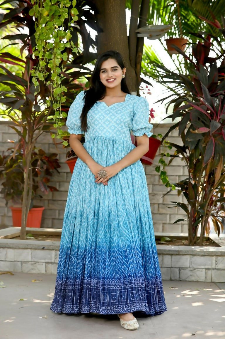 Jyoti Fashion Women's Sky Blue Bandhej Print with Crush Pleating Muslin Anarkali Dress | Grocsy
