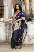 Joban Fashion Navy Blue Pure Katan Pure Handloom Banarasi Silk Saree | Grocsy
