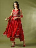 Myshka Women's Red Embroidered Georgette Anarkali Party Kurta Set With Dupatta | Grocsy