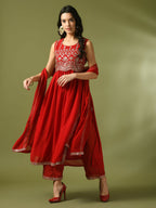 Myshka Women's Red Embroidered Georgette Anarkali Party Kurta Set With Dupatta | Grocsy