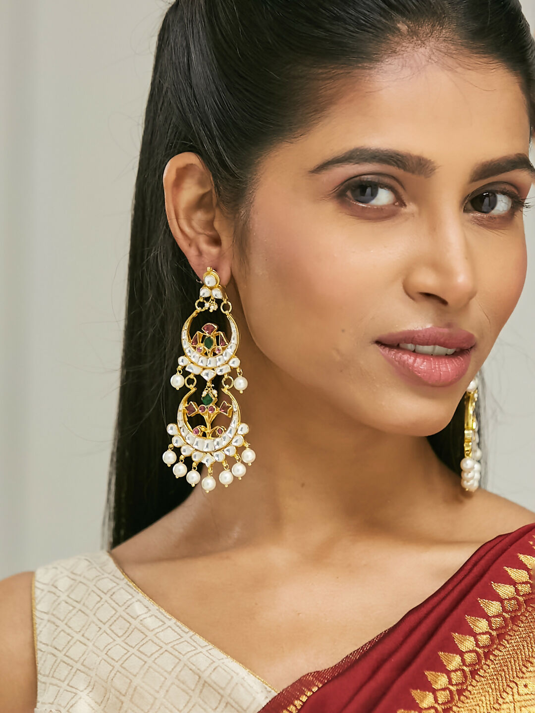 Nuyug 22K Gold-Plated Kundan Studded & Pearl Beaded Layered Chandbalis | Grocsy
