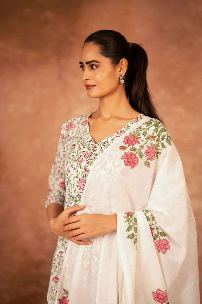 Joban Fashion Green Pink Hand Block Printed Cotton Suit Set | Grocsy