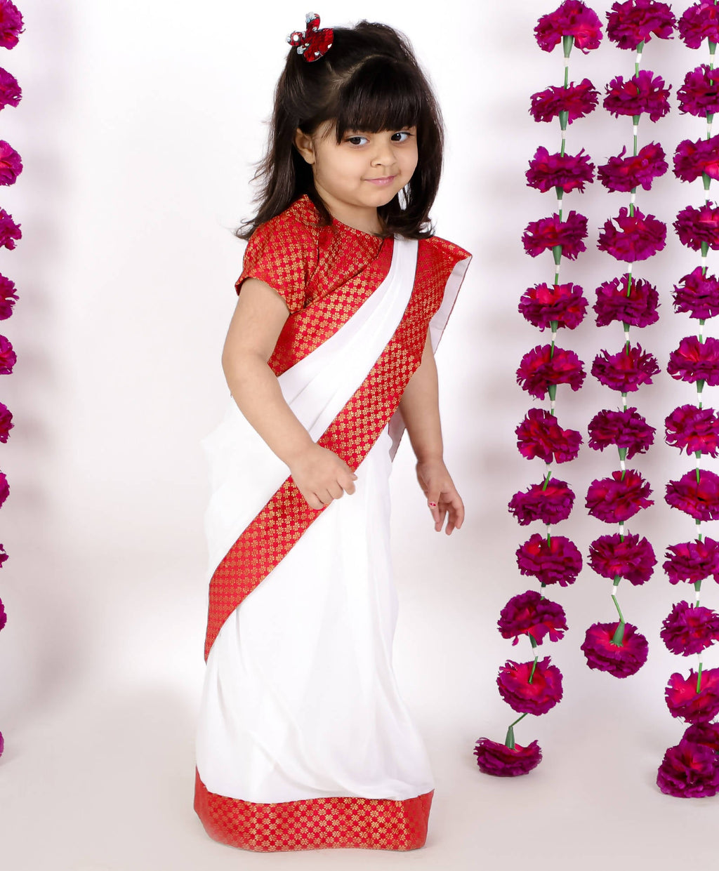 Little Bansi Girls Red And White Color Bengali Saree With Floral Brocade Blouse | Grocsy