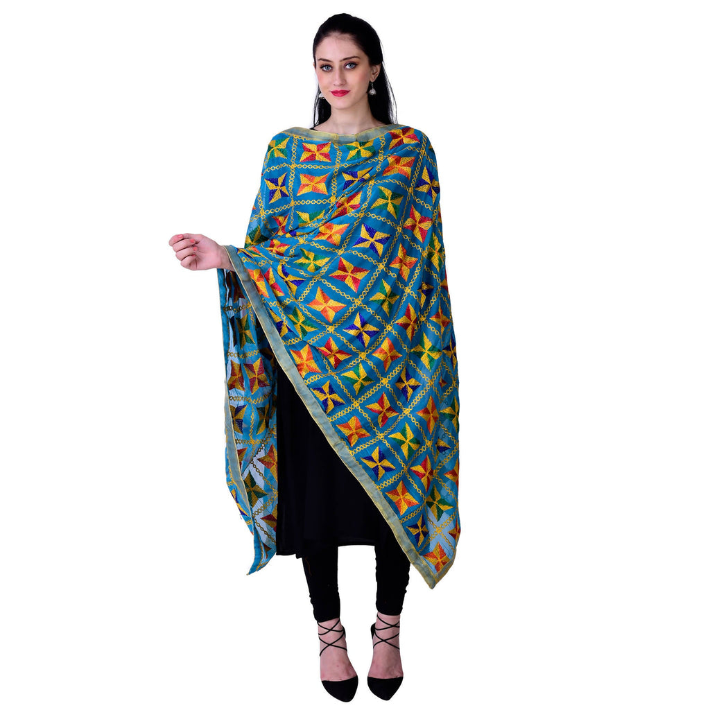SWI Stylish Women's Embroidered Phulkari Chiffon Turquoise Dupatta | Grocsy