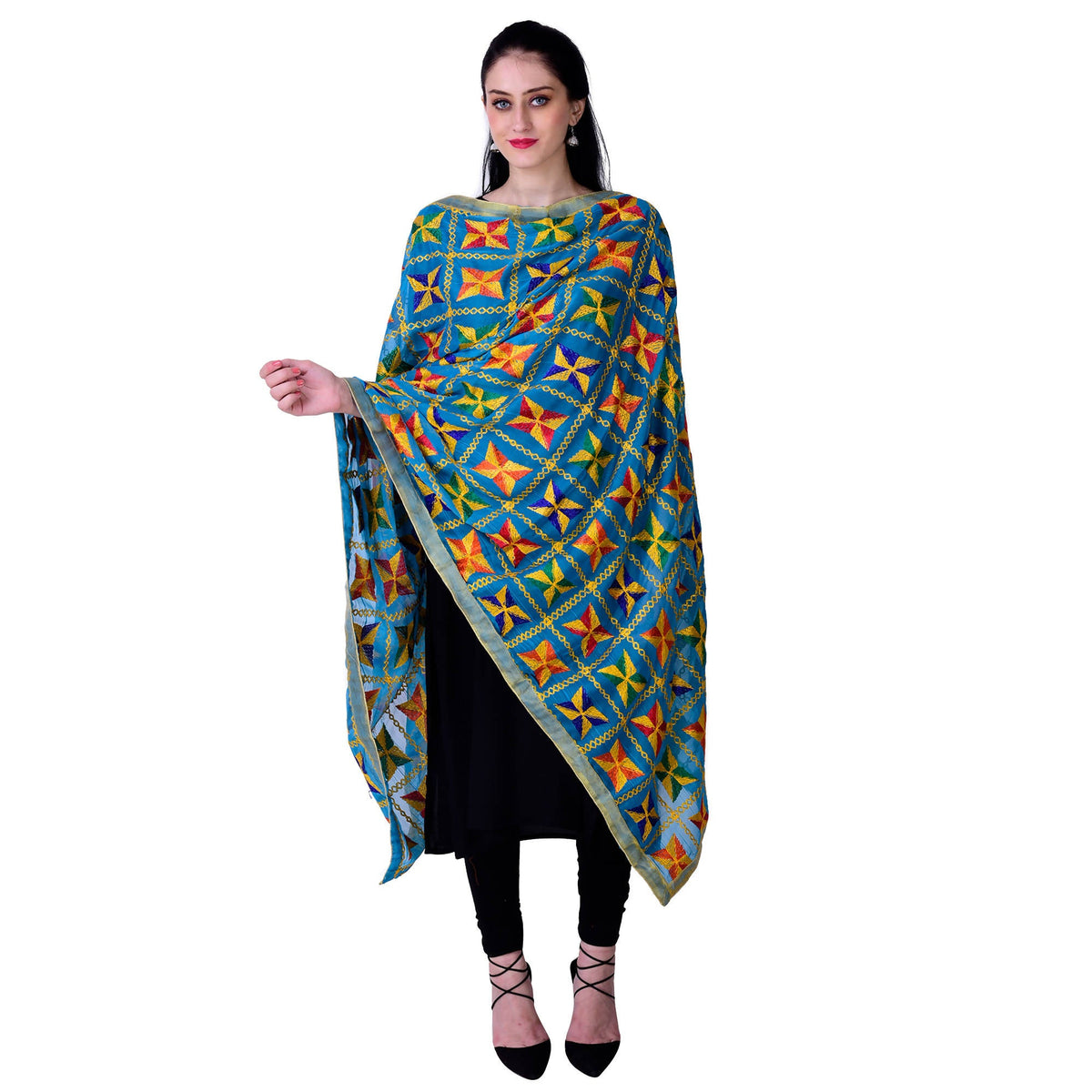 SWI Stylish Women's Embroidered Phulkari Chiffon Turquoise Dupatta | Grocsy