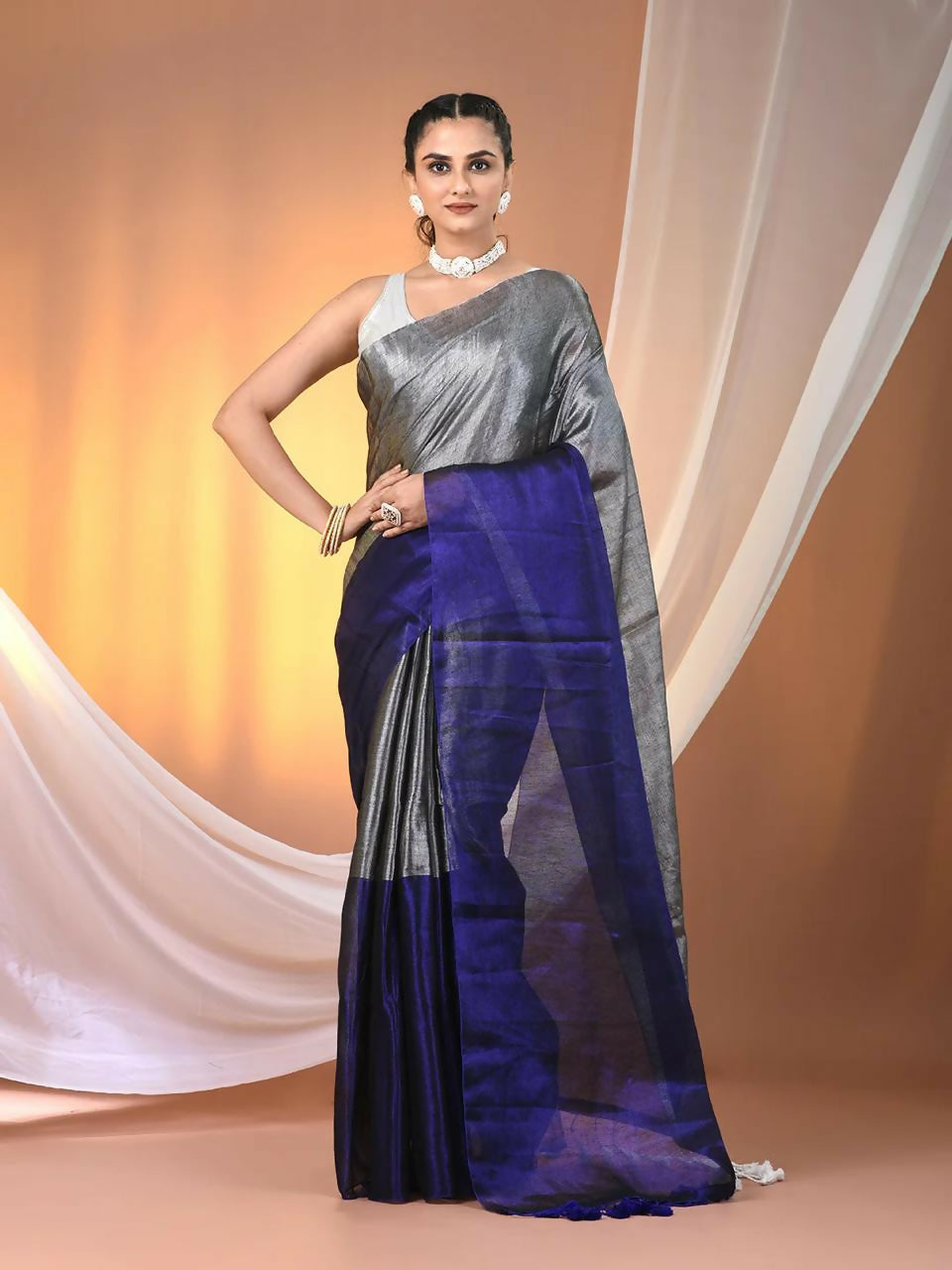 Exclusive Collection Beautiful Gray Blue Tissue Silk Hand Weaving Handloom Saree With Running Blouse Piece | Grocsy