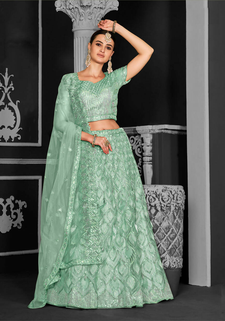 Sea Green Net Semi-Stitched Bridal Lehenga - Nimayaa Bonanza | Grocsy