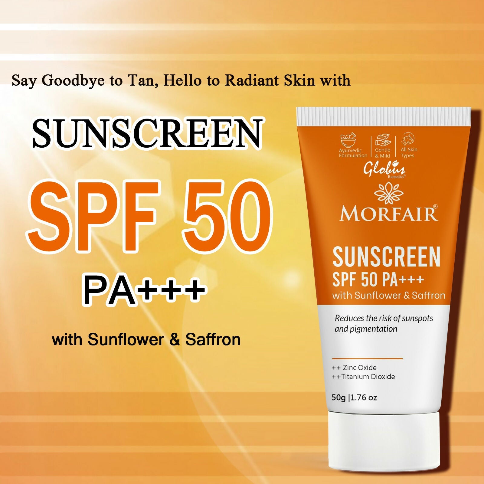 Globus Remedies Morfair Sunscreen SPF 50 PA+++ with Sunflower & Saffron For Reduces Sunspots & Pigmentation | Grocsy