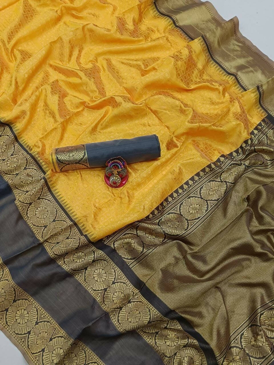 DEIANA'S Beautiful Designer Golden zari Soft Lichi Silk Saree - Yellow | Grocsy