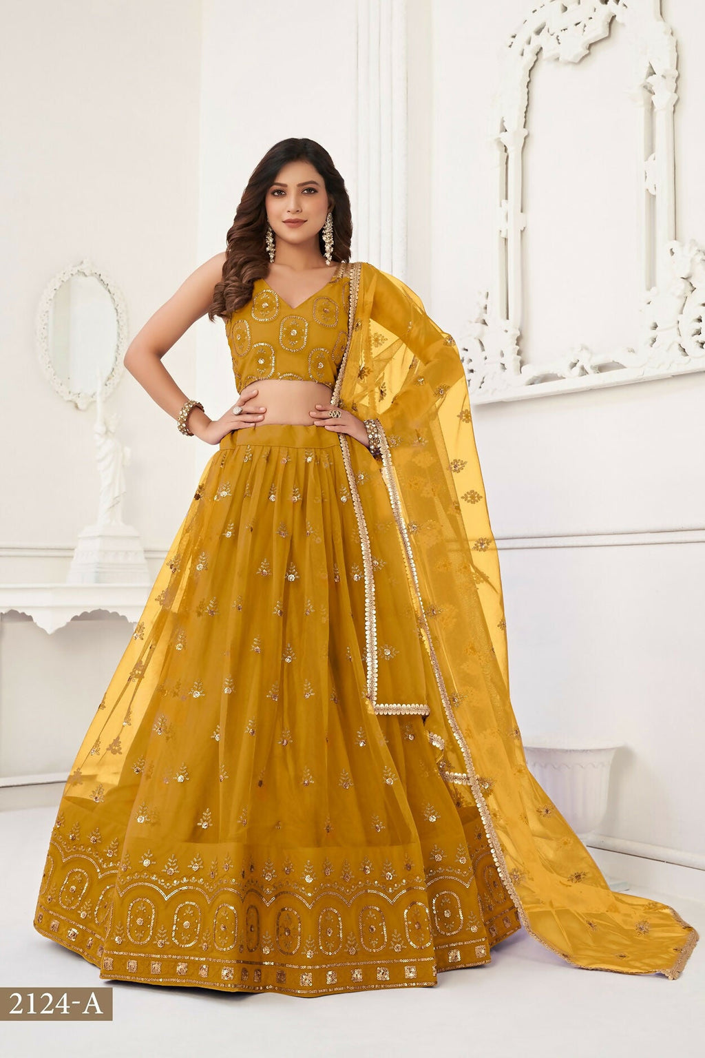 Eilara Women'S Mustard Yellow Butterfly Net With Tone Thread Work And Sandwich Embroidered Work Lehenga Choli For Wedding | Grocsy