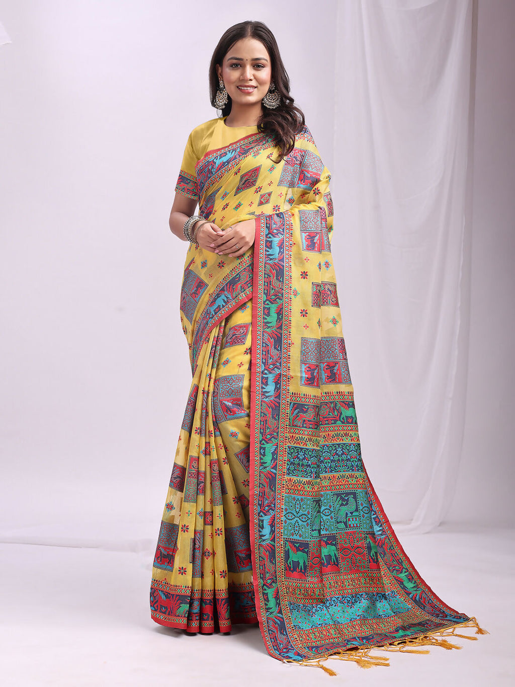 Shree Shyam Fashion Vastraloom Yellow Linen Cotton Saree | Grocsy