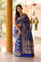Joban Fashion Ink Blue Banarasi Soft Pure Handloom Banarasi Silk Saree | Grocsy