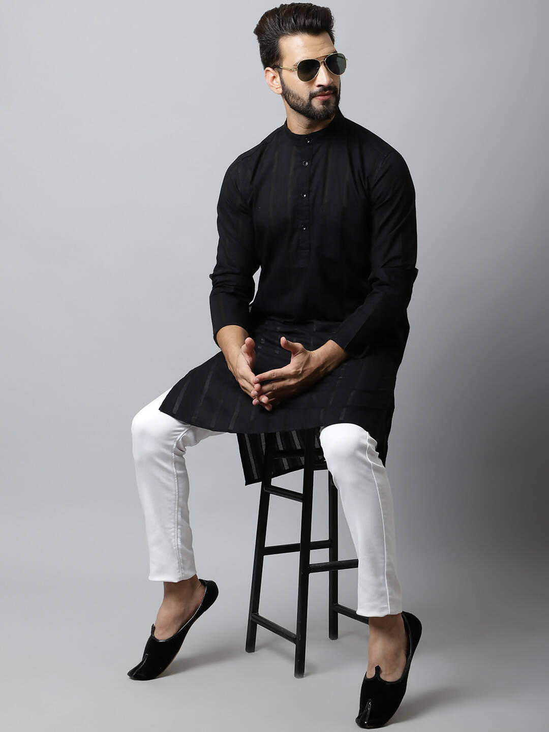 Even Apparels Black Color Pure Cotton Men's Kurta With Band Collar (STR1188) | Grocsy