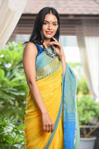 Very Much Indian Pure Cotton Handloom Saree With Intricate Borders - Yellow | Grocsy