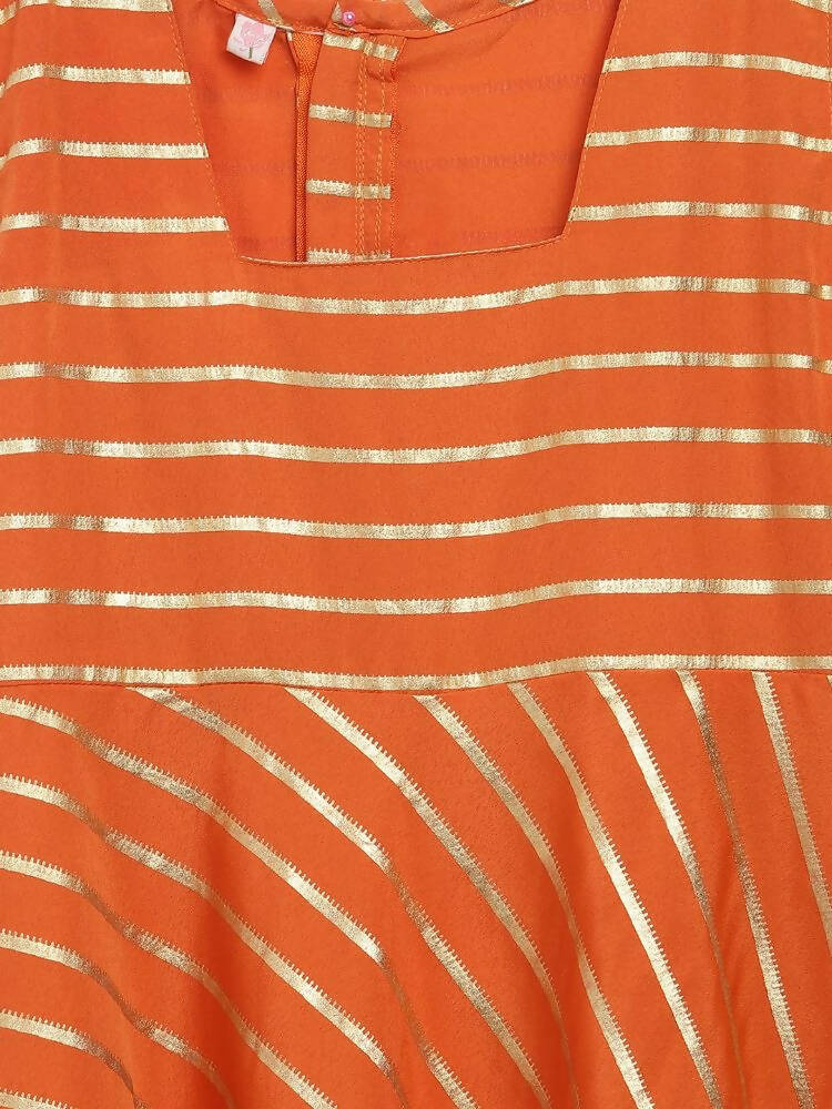 Ahalyaa Orange Crepe Gold Stripped Printed Kids Dress With Jacket For Girls | Grocsy