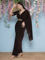 Joban Fashion Brown Hand Embellished Gown With Drape and Belt | Grocsy