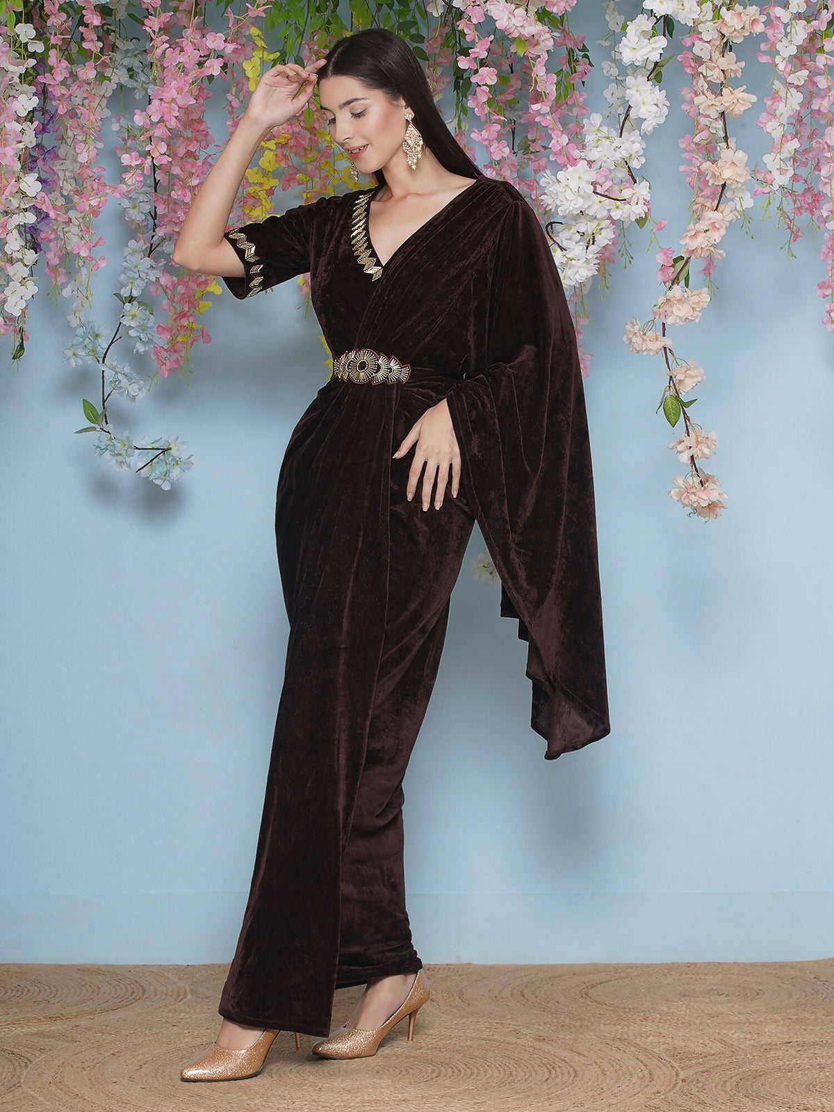 Joban Fashion Brown Hand Embellished Gown With Drape and Belt | Grocsy