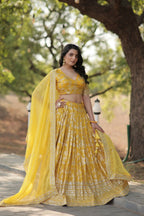 Vastranavya Designer Dyeable Pure Viscose Jacquard Fabric Lehenga Choli & Dupatta Set - Yellow | Grocsy